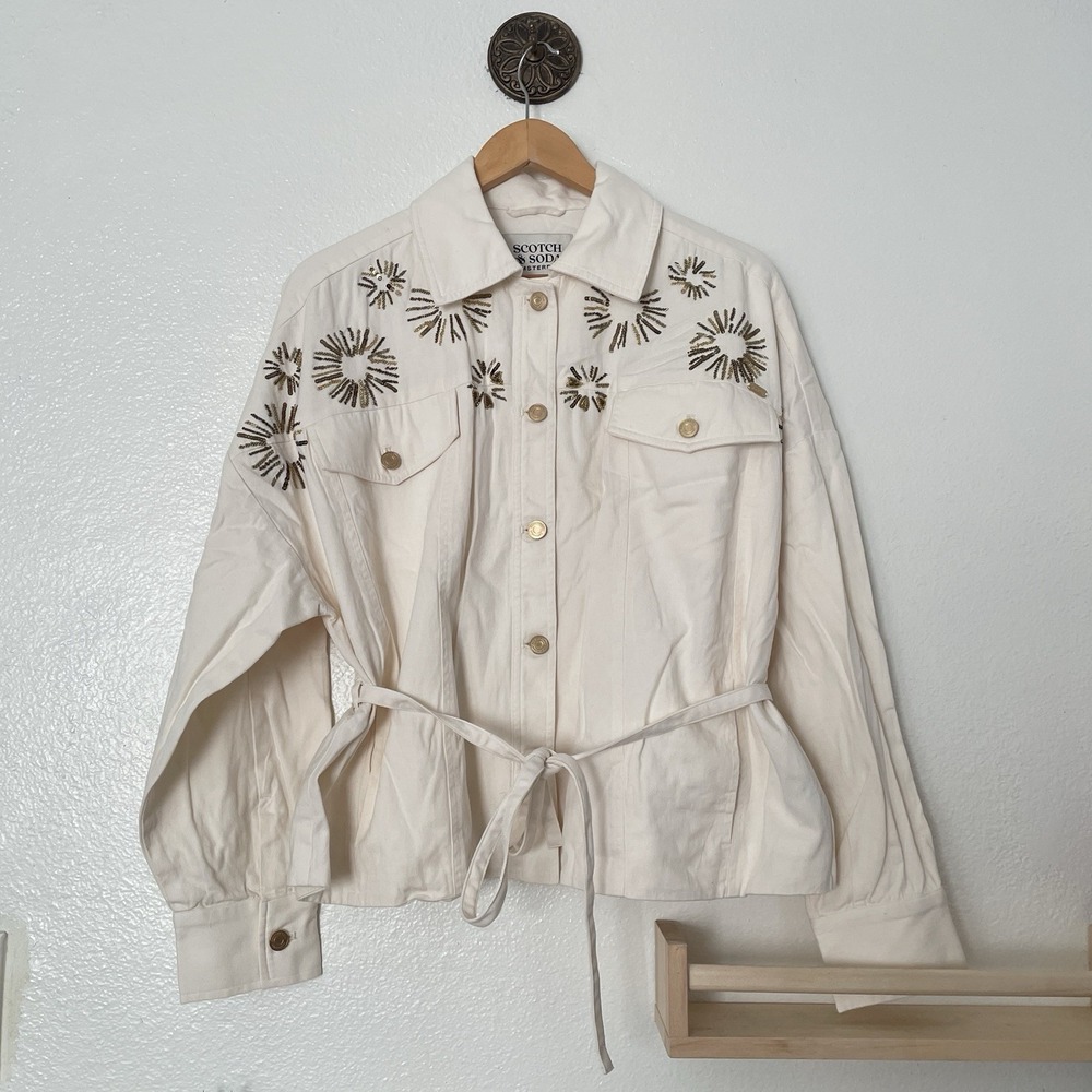 Scotch & Soda Amsterdam Trucker Cream Denim Jacket‎ Embellished Belted Large - Picture 9 of 11